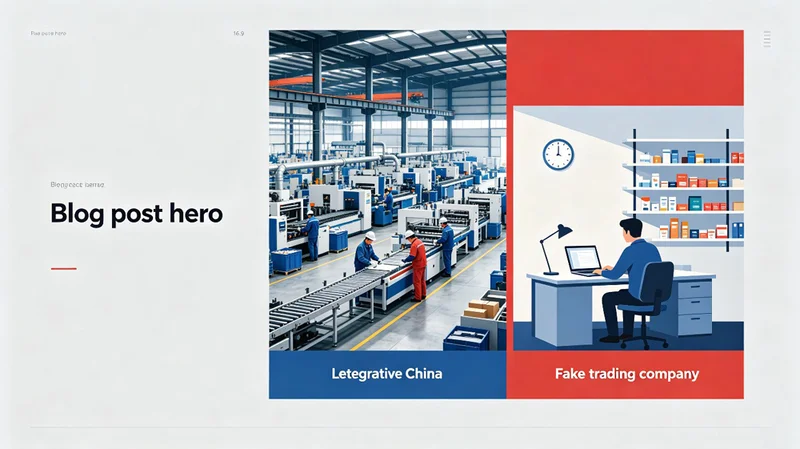 Split view comparing a real Chinese factory floor versus a trading company office