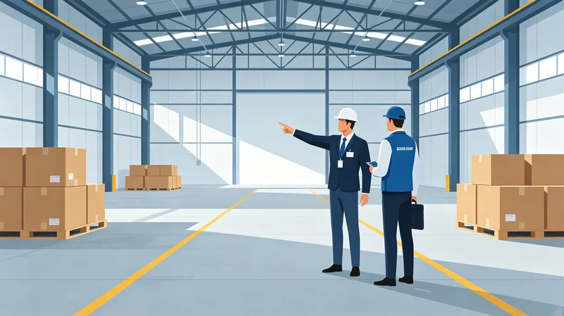An inspector examining an empty factory floor during a walkthrough visit