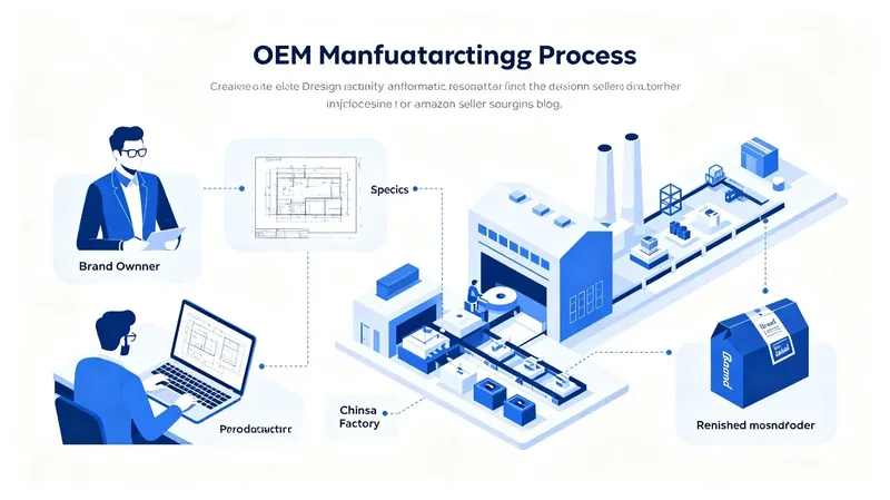 OEM manufacturing workflow showing design specs sent from brand owner to factory